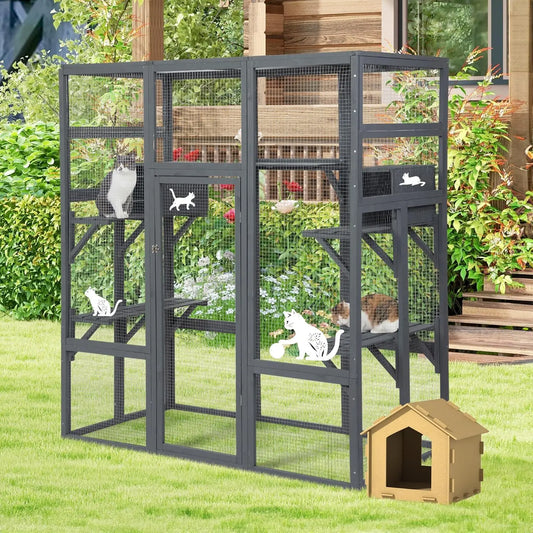 Wooden Outdoor Catio Enclosure With Perches And Condos Waterproof Roof