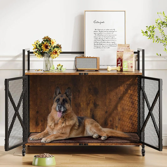 DishyKooker Wooden Dog Crate Furniture End Table With Lockable Wheels