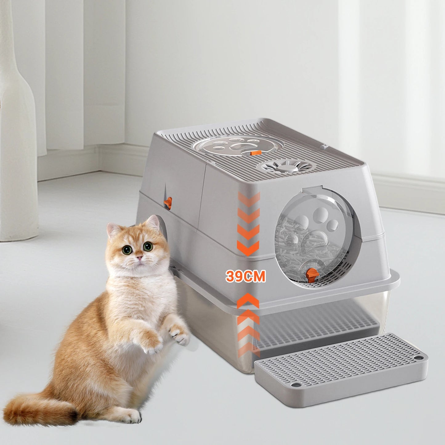 Feature Stainless Steel Cat Litter Box Enclosed With Front Door