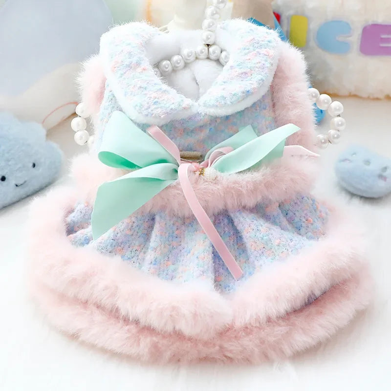 Autumn Winter Dog Coat Plush Fleece Dress With Lace Trim