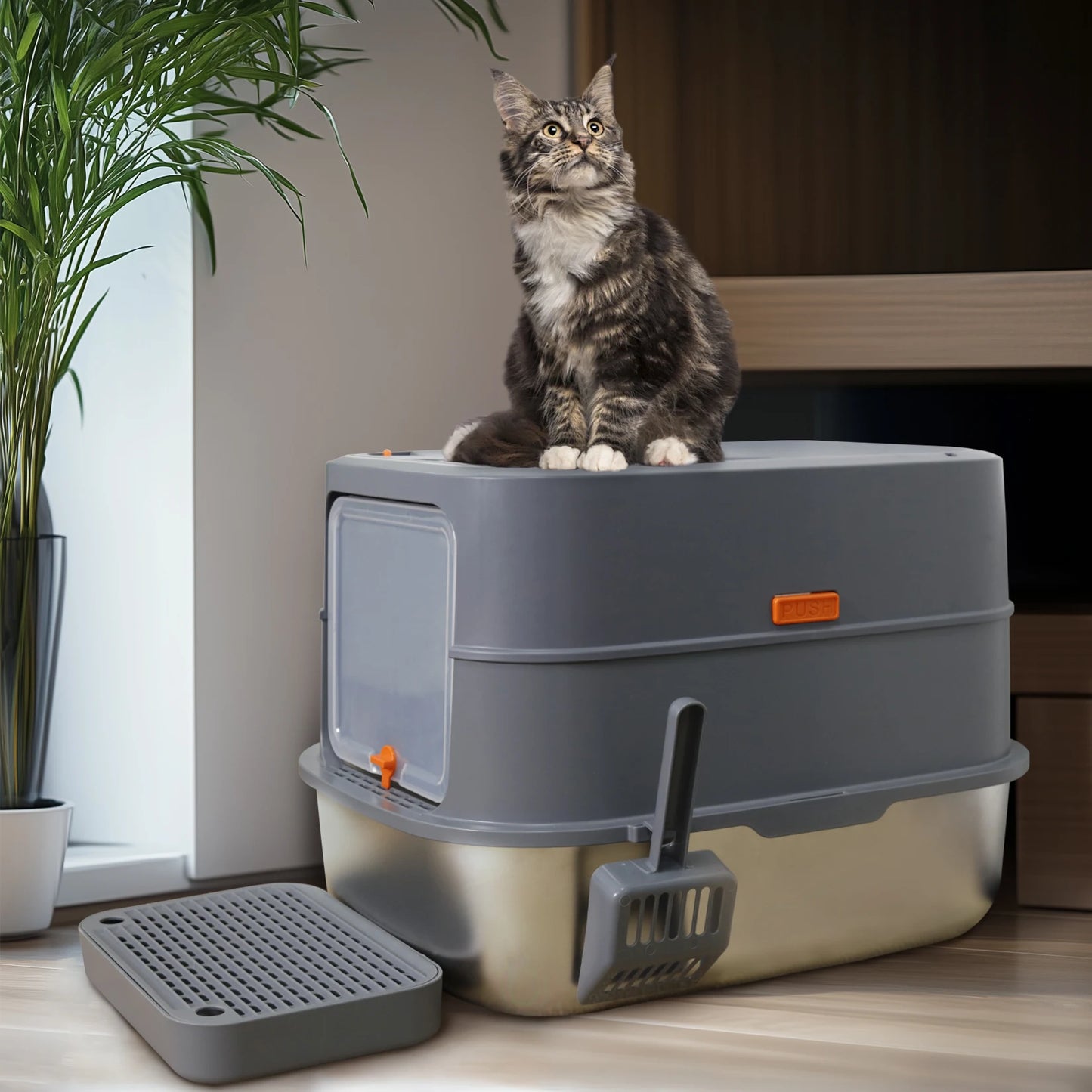 Feature 4-Style Cat Litter Box With Lid Enclosed High Sided