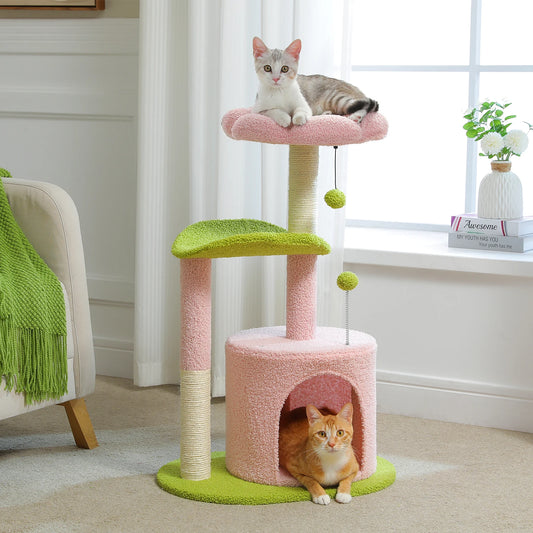 PEQULTICN Flower Cat Tree For Indoor Cats Three-Tier Wood Tower