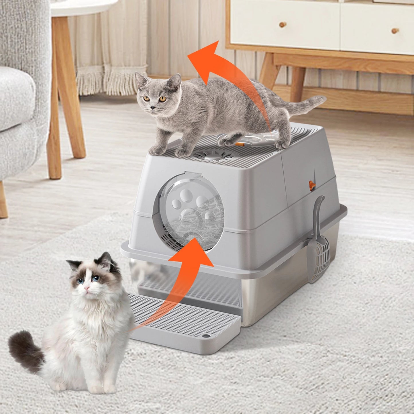 Feature Stainless Steel Cat Litter Box Enclosed With Front Door