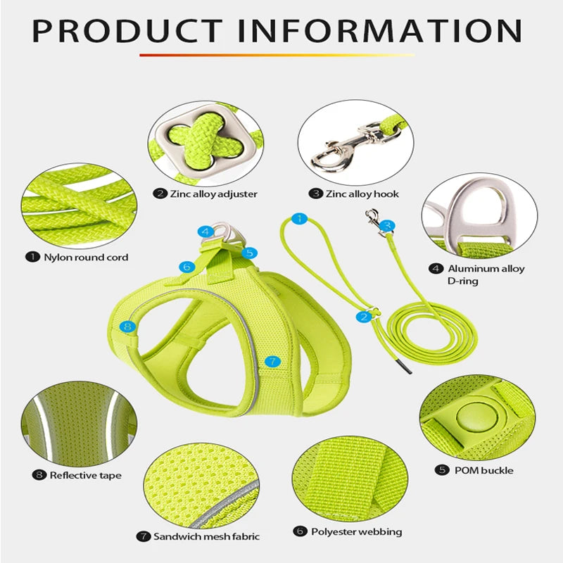 Small Combination Dog Harness Leash Set Reflective Adjustable Vest