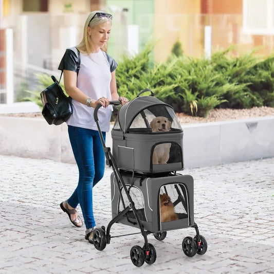 Double Dog Stroller With Removable Carrycot And Four Lockable Wheels