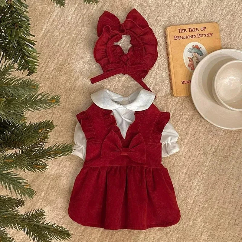 NONECN Corduroy Puppy Bow Dress Set For Dogs And Cats