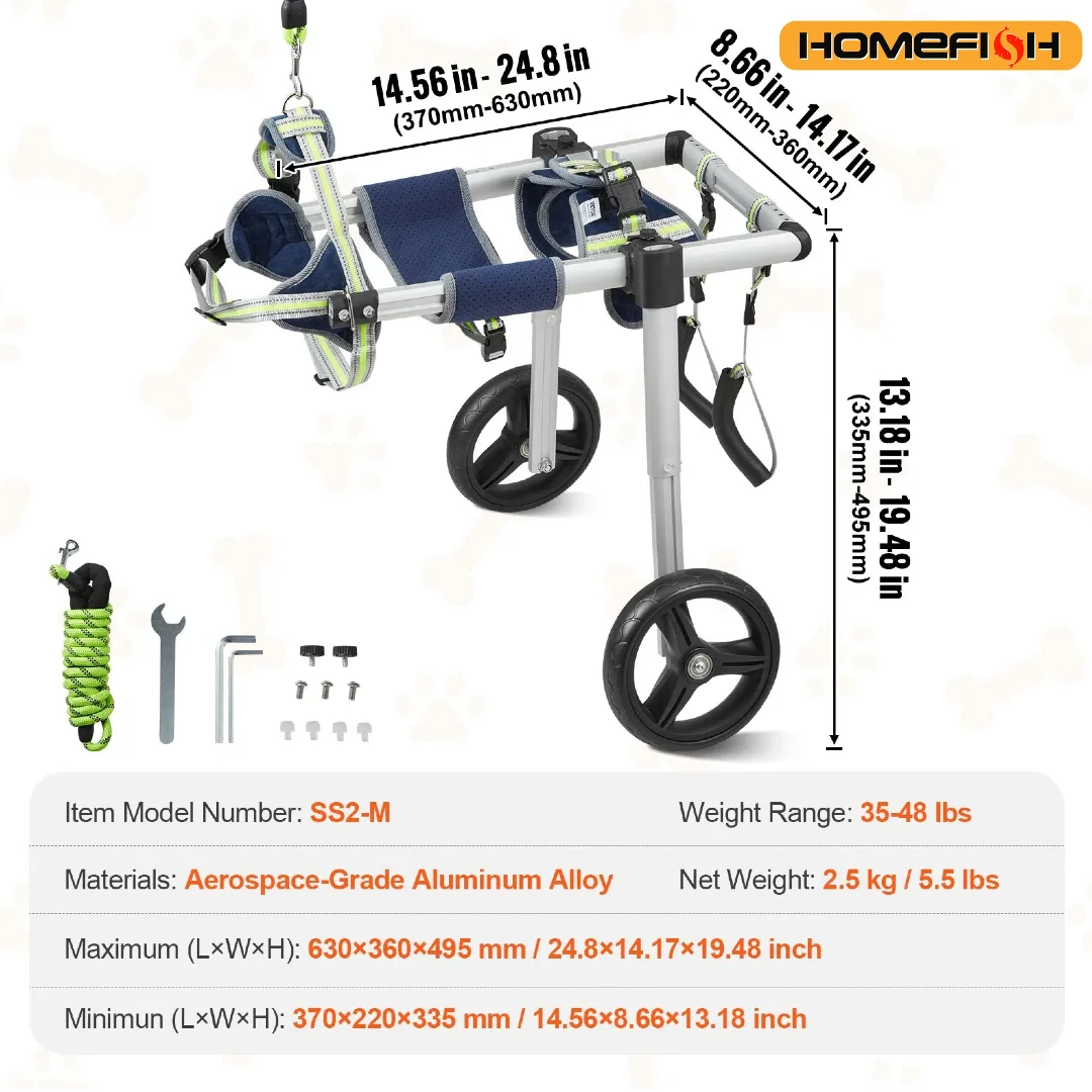 VEVOR 2 Wheels Dog Wheelchair for Hind Limbs Disabled Pets