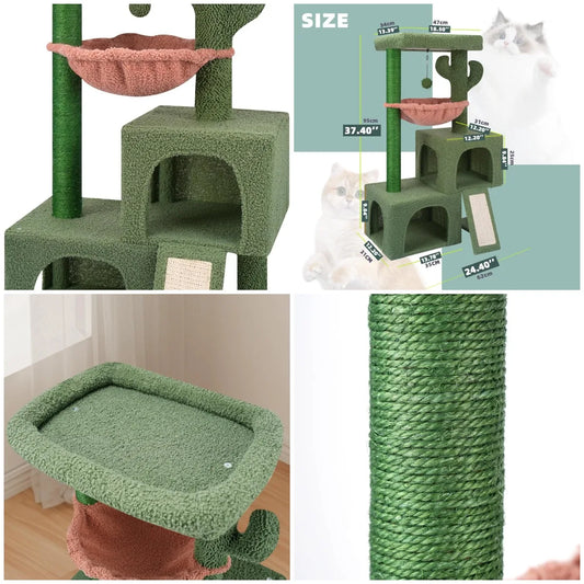 High Concerned Cactus Cat Tree Tower With Twin Condos Hammock