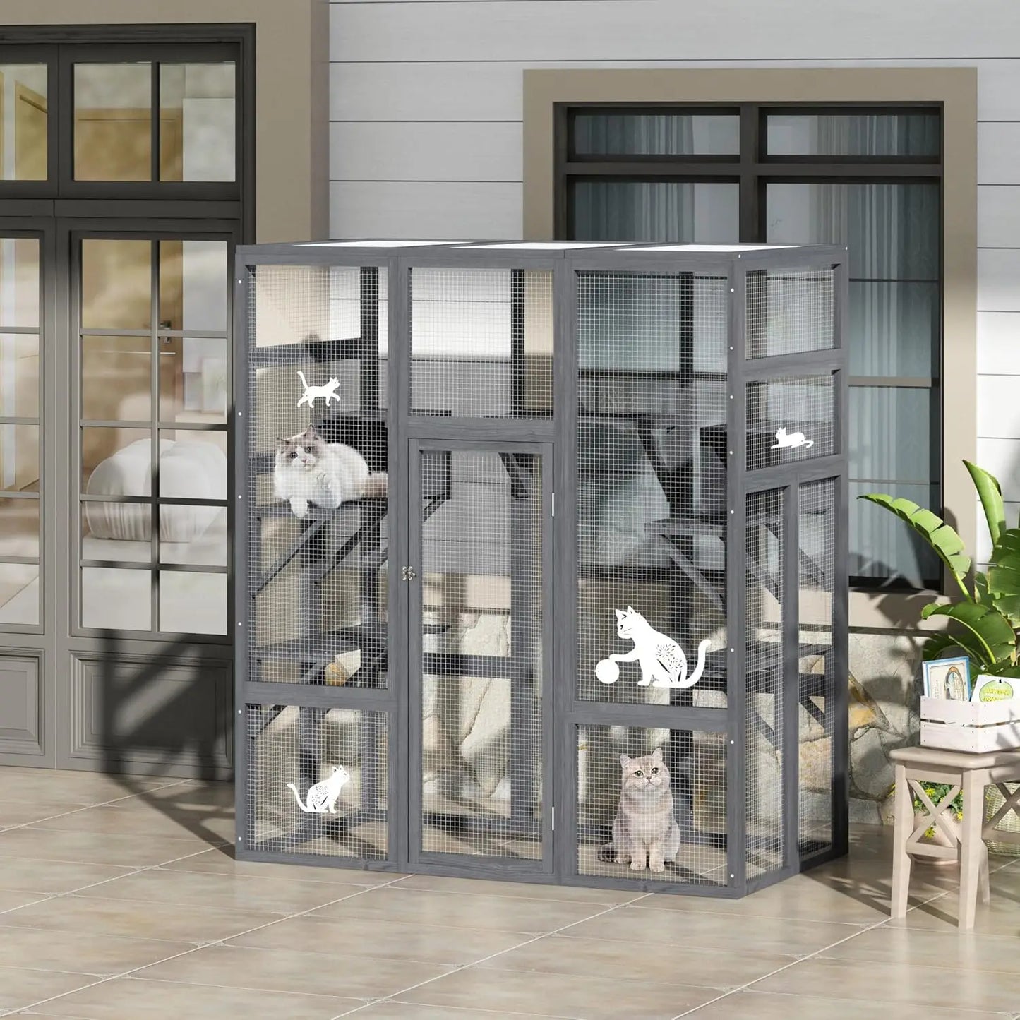 Wooden Outdoor Catio Enclosure With Perches And Condos Waterproof Roof
