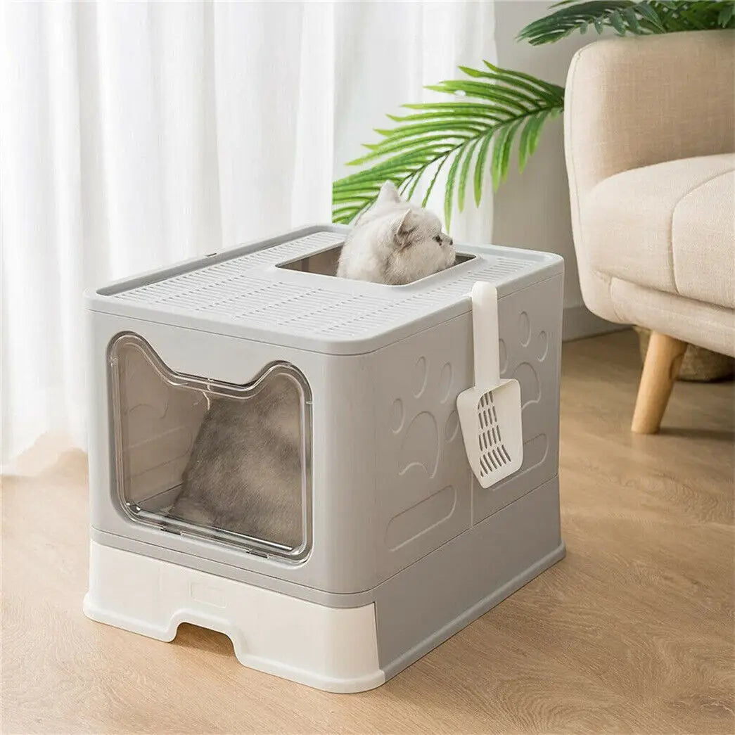 Foldable Hooded Cat Litter Box With Front Entry Scoop Drawer