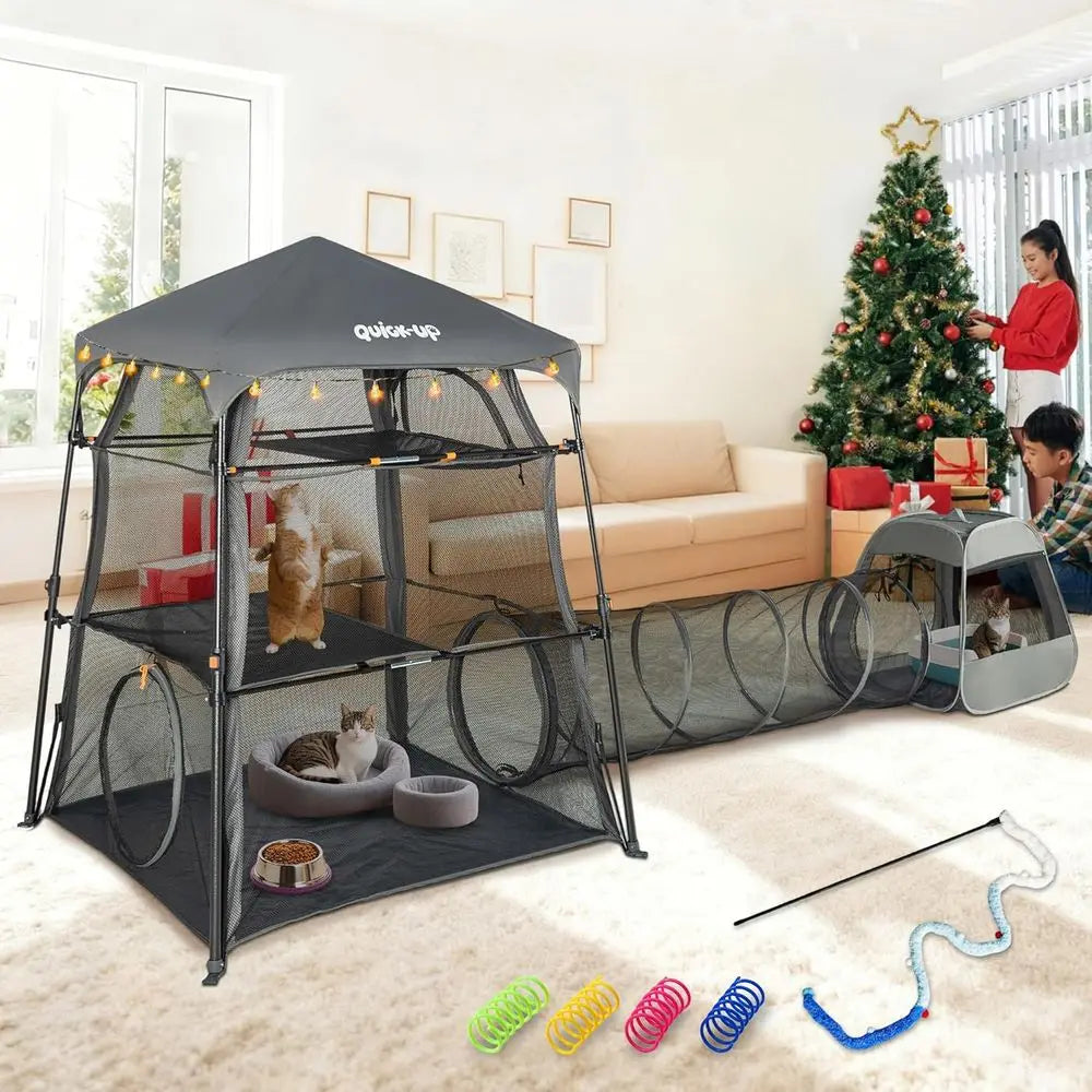 3 In 1 Cat Tower Tent For Indoor Outdoor Catio With Tunnels