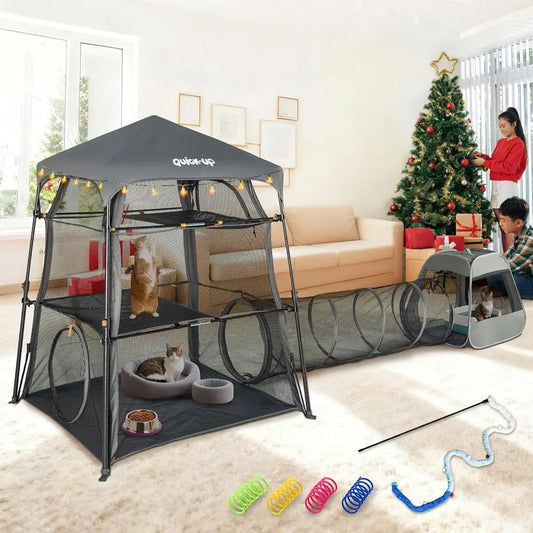 3 In 1 Cat Tower Tent For Indoor Outdoor Catio With Tunnels