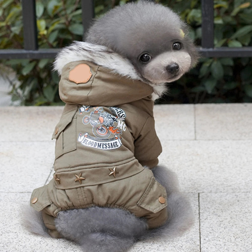 Winter Hooded Dog Coat Windproof Jumpsuit Warm Four Legged