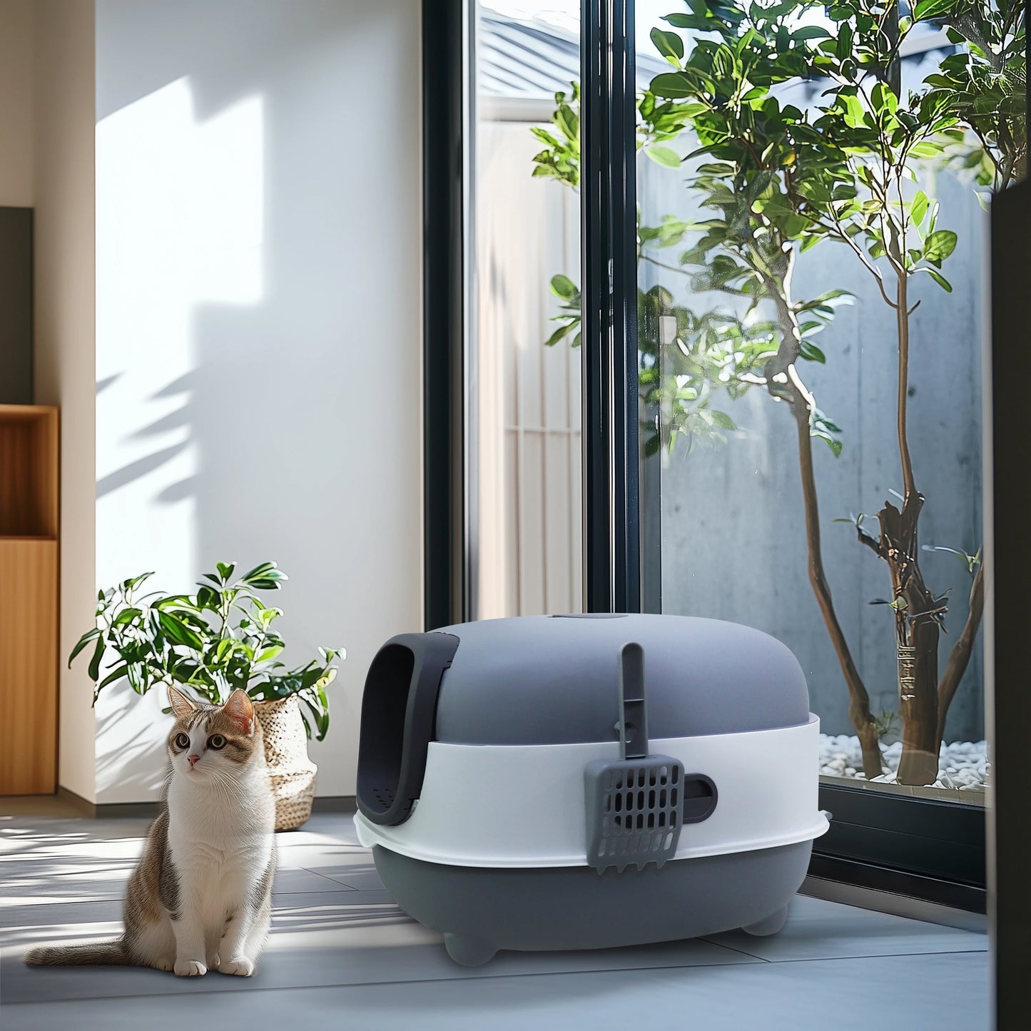 Feature Hooded Cat Litter Box With Front Entry and Scoop