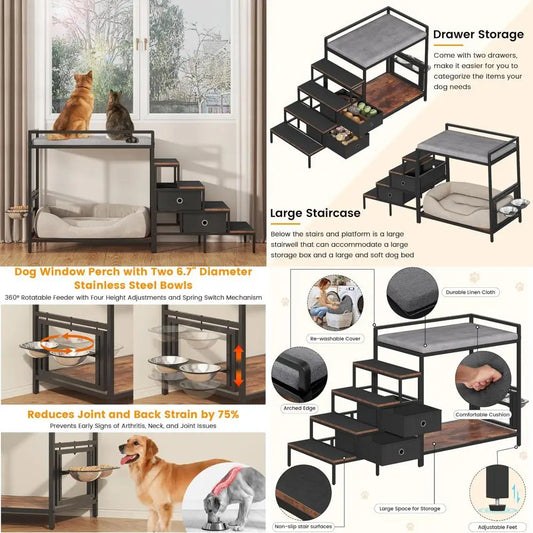 360 Degree Rotating Adjustable Pet Feeder Perch and Staircase Bed