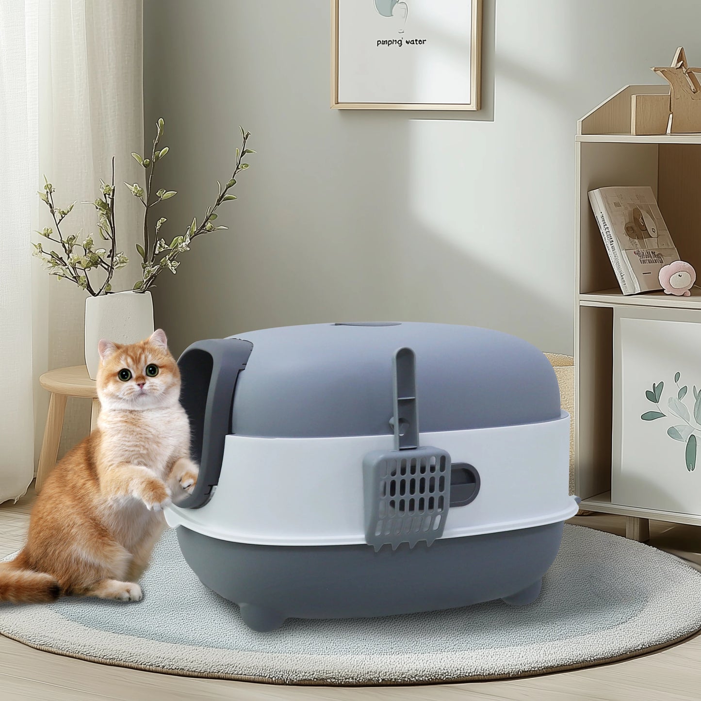 Feature Hooded Cat Litter Box With Front Entry and Scoop
