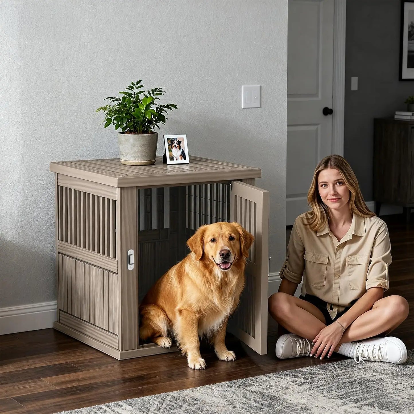 CHENGWEI Lockable Dog Crate End Table for Indoor Use