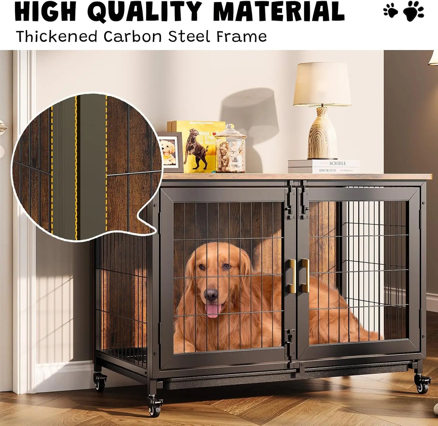 HiMISS Heavy Duty Dog Crate Furniture With Wheels Indoors
