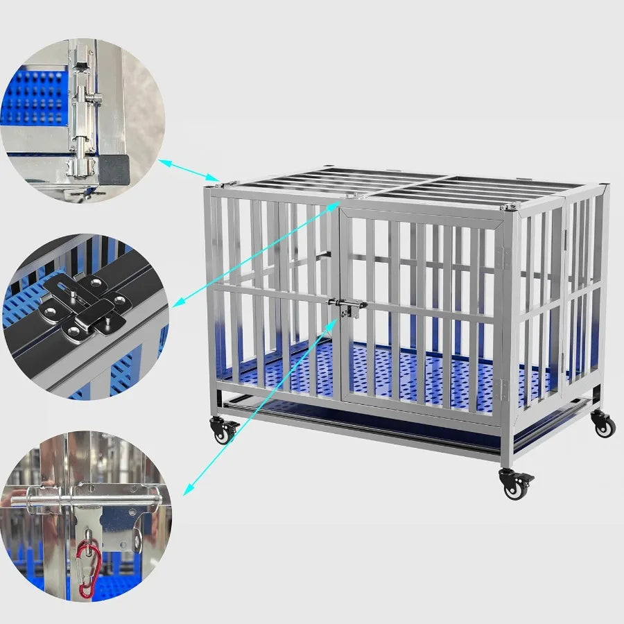 High-concerned Collapsible Stainless Steel Dog Crate With Lockable Wheels