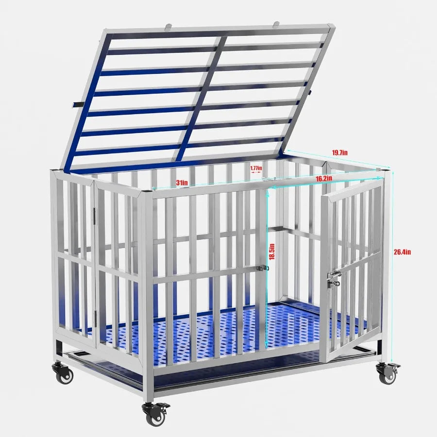 High-concerned Collapsible Stainless Steel Dog Crate With Lockable Wheels
