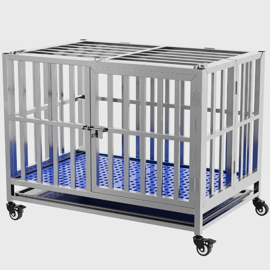 High-concerned Collapsible Stainless Steel Dog Crate With Lockable Wheels