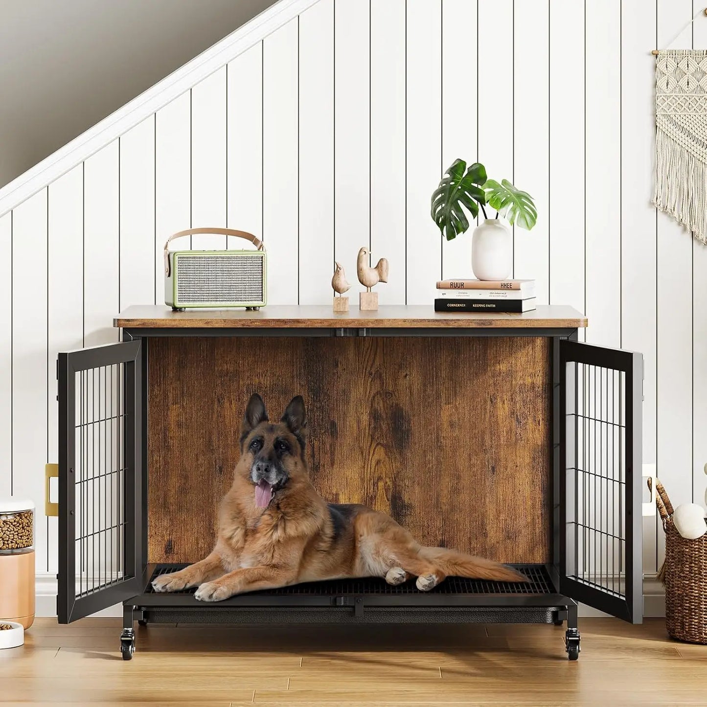 HiMISS Heavy Duty Dog Crate Furniture With Wheels Indoors
