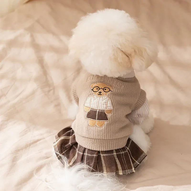Plaid Bichon Frise Dog Dress Autumn Winter Teddy Style