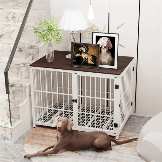 BORWARTH Elevated Wooden Dog Crate End Table Kennel with Doors