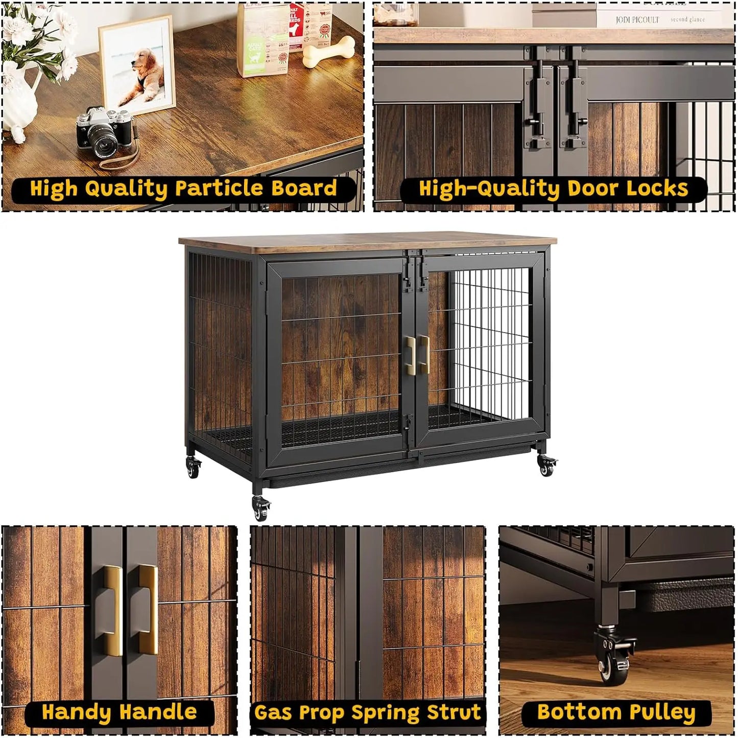 HiMISS Heavy Duty Dog Crate Furniture With Wheels Indoors